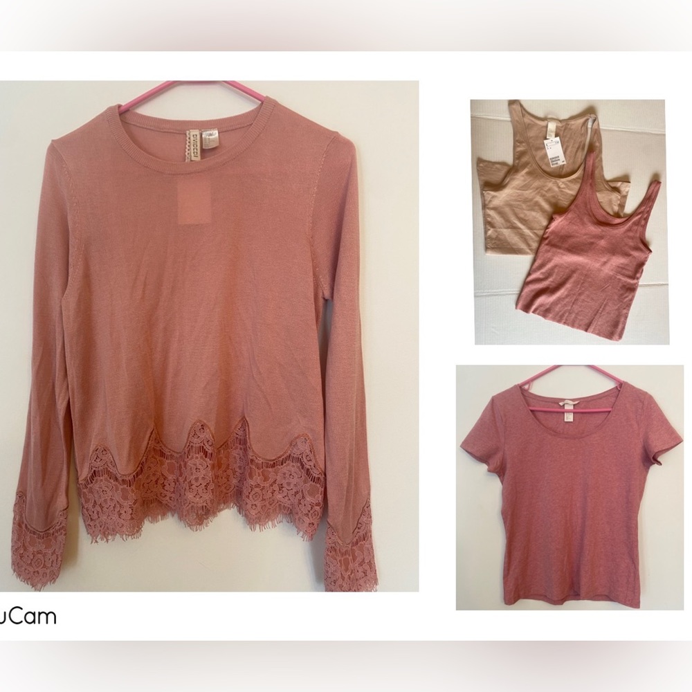 Lot of 4 H&M tops, sweater, tee, & 2 tank tops - mauve & camel